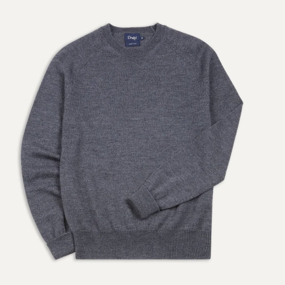 Drake's - Grey Melange Merino Crew Neck Jumper - M